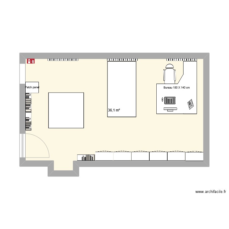 Bibliothèque connectique bureau Audrey. Plan de 1 pièce et 36 m2