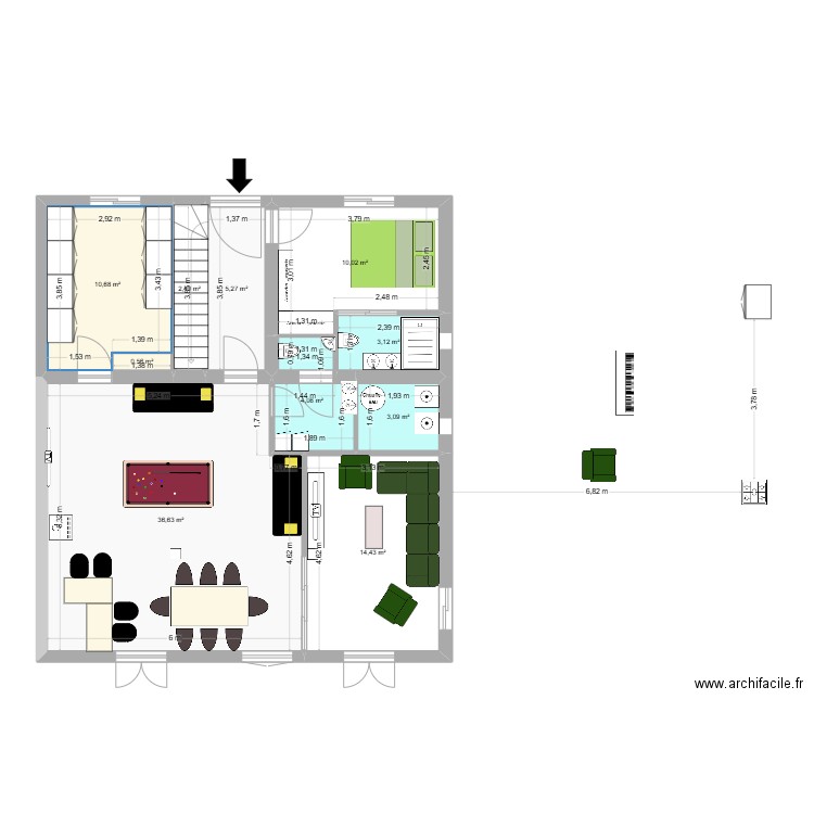 NOUVEAU-cuis. Plan de 10 pièces et 90 m2