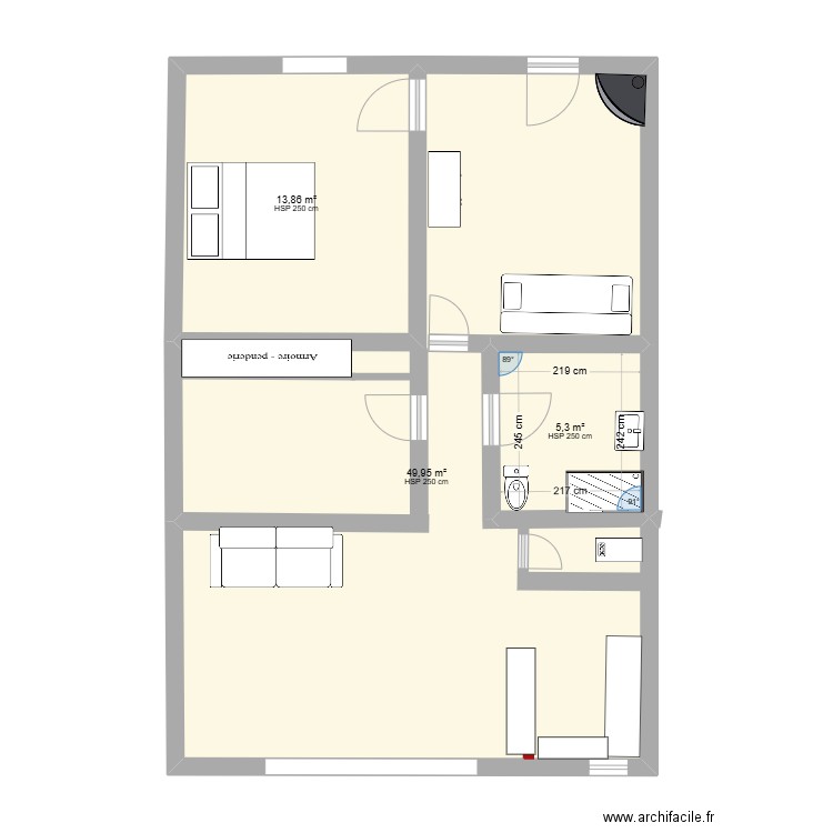 chatel. Plan de 3 pièces et 69 m2