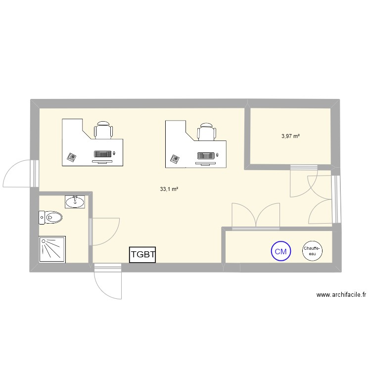 l'hermitage . Plan de 2 pièces et 37 m2