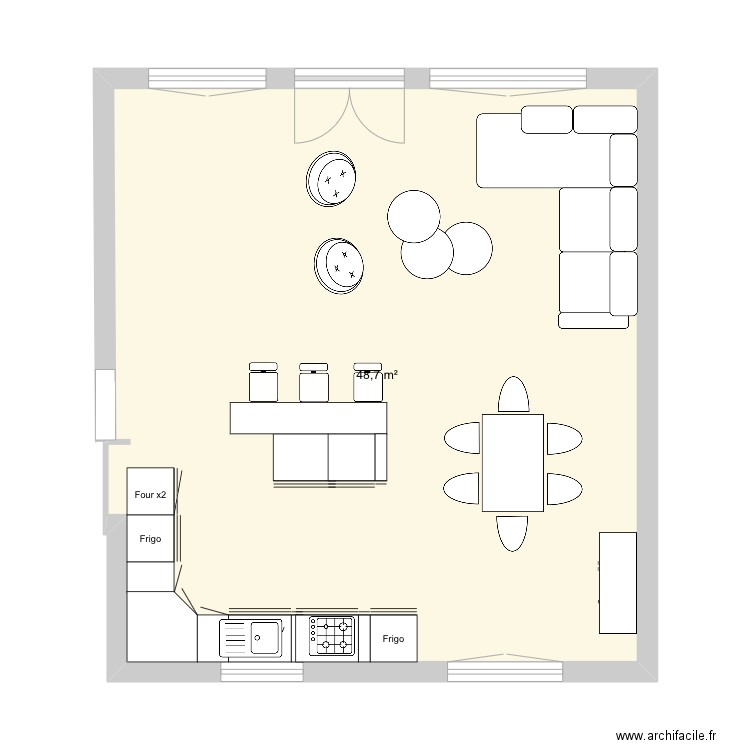 Essai pièce de vie. Plan de 1 pièce et 49 m2