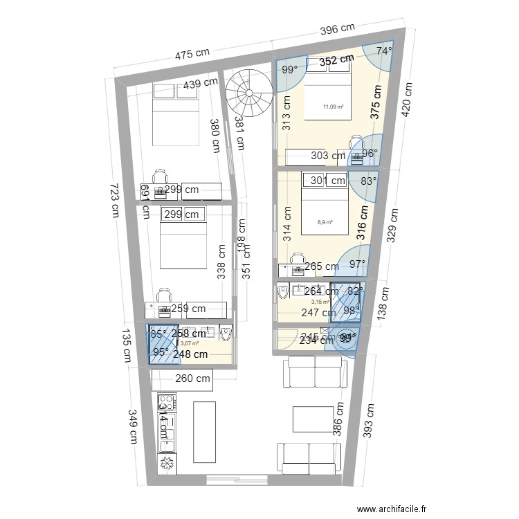 Kerb 1bis. Plan de 5 pièces et 28 m2