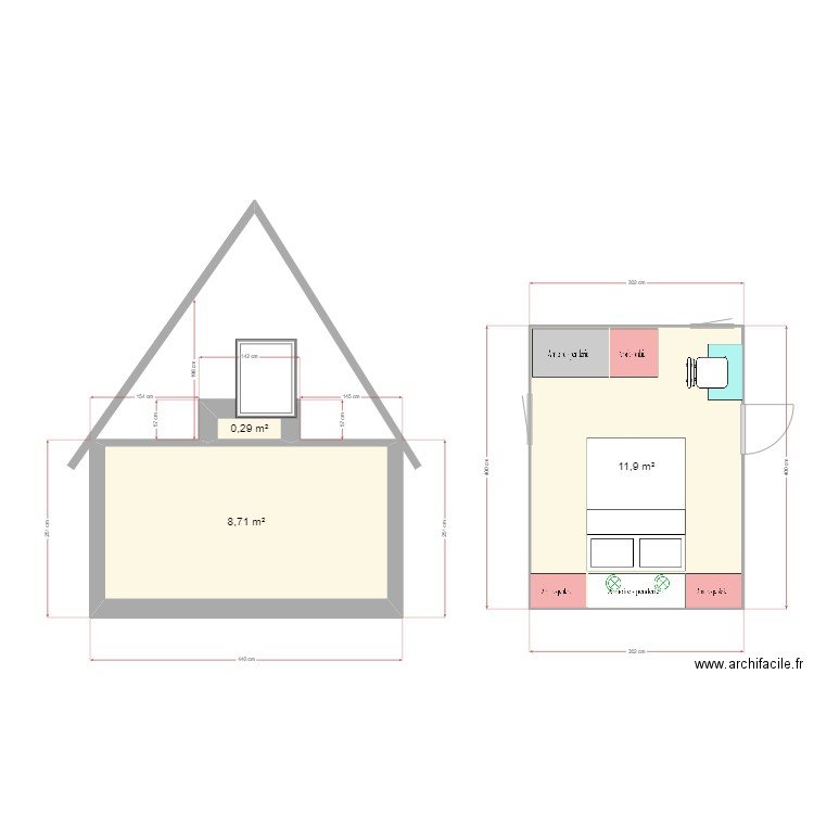 CHAMBRE 3. Plan de 3 pièces et 21 m2