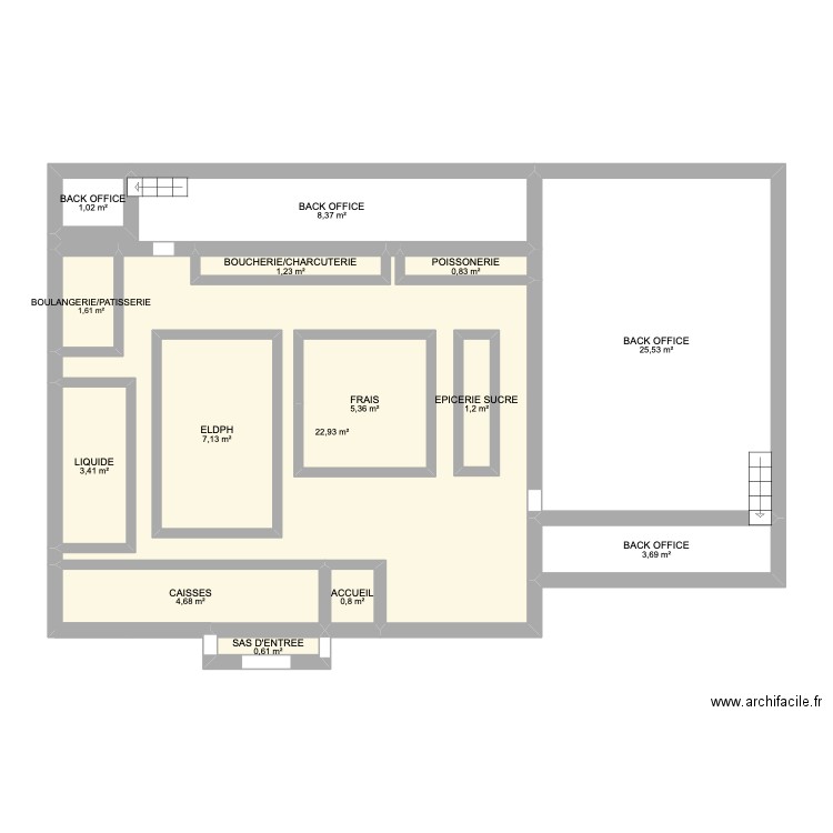 Super U libé. Plan de 15 pièces et 106 m2