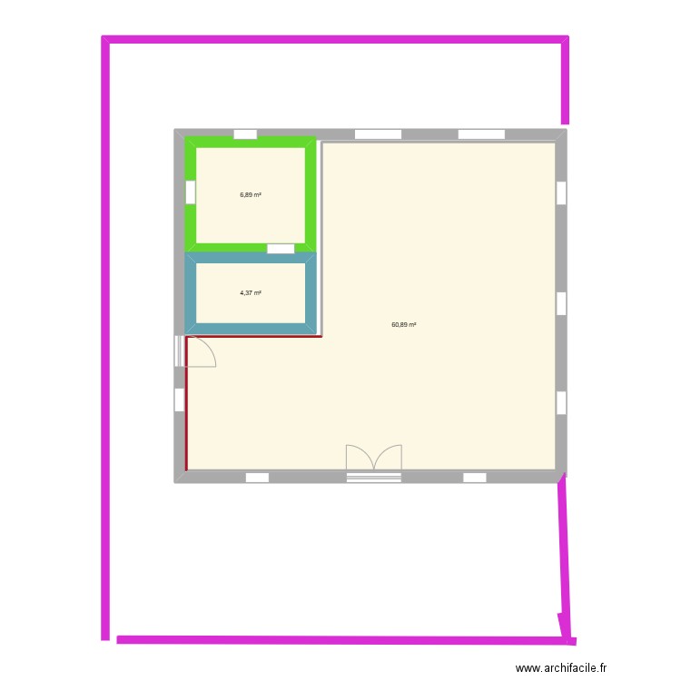 rez de chaussée. Plan de 3 pièces et 72 m2