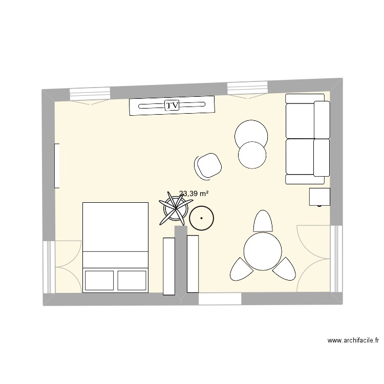 Pièce de vie Hugo. Plan de 1 pièce et 23 m2