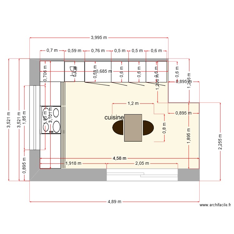 cuisine implantation évacuation évier et lave-vaisselle. Plan de 1 pièce et 13 m2