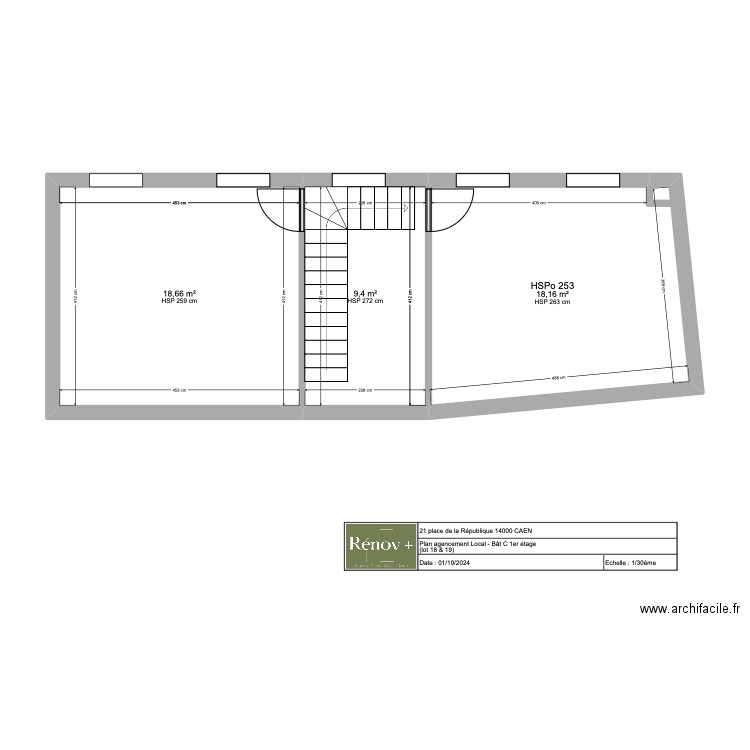 local 1 er etage . Plan de 3 pièces et 46 m2