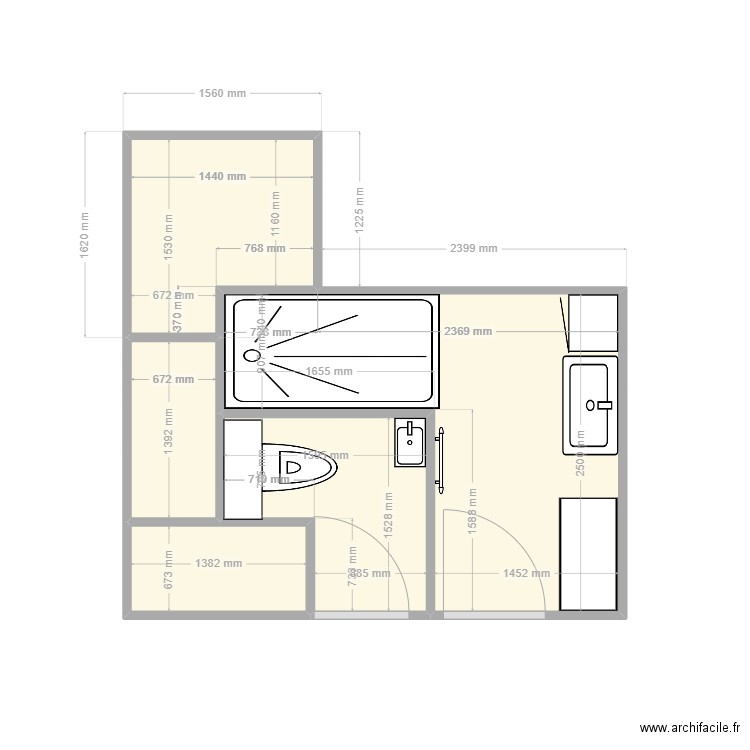 WC SDB projet 1 Paul. Plan de 5 pièces et 11 m2