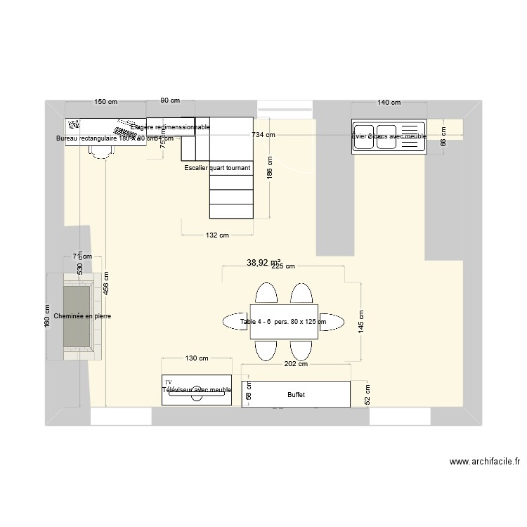 plan salle à manger cuisine. Plan de 1 pièce et 39 m2