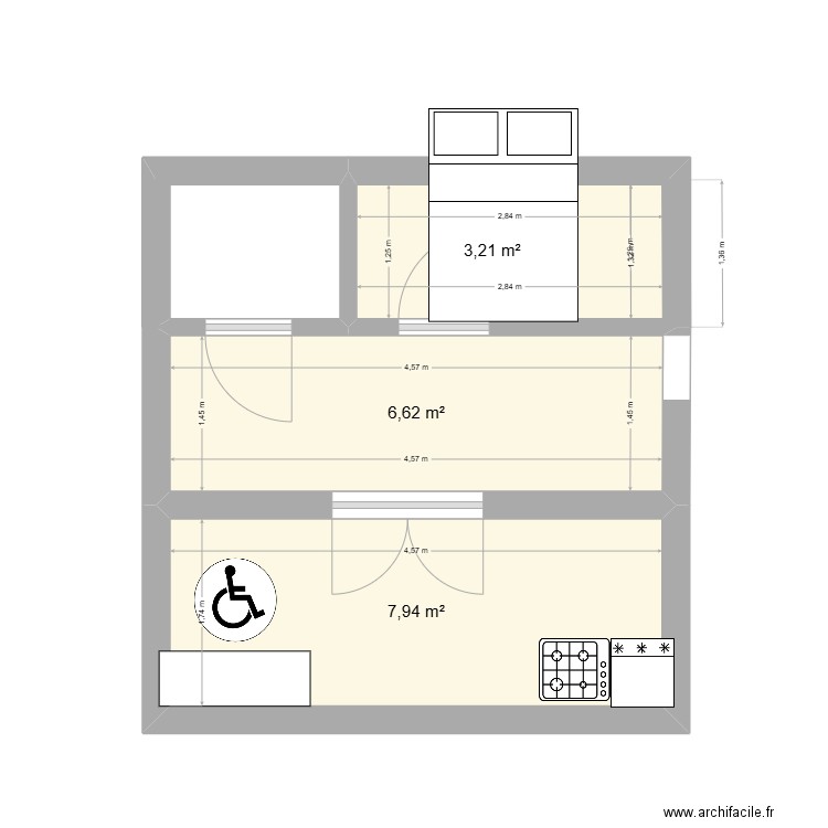 handicap. Plan de 3 pièces et 18 m2