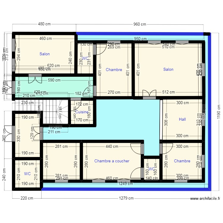 PLAN15X12 N6. Plan de 14 pièces et 121 m2