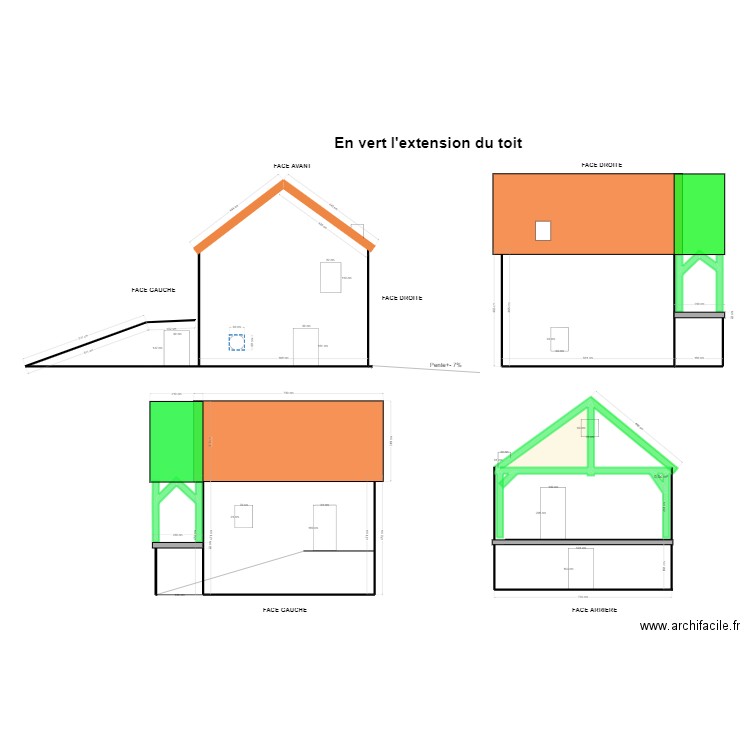  DP04 Façade extension toit. Plan de 2 pièces et 4 m2