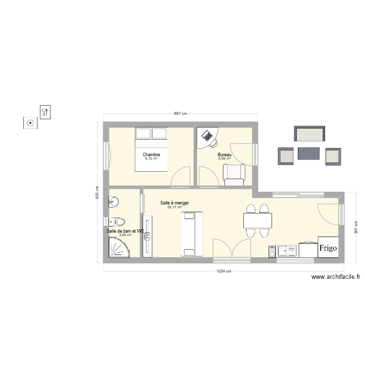 Modèle Hortensia. Plan de 4 pièces et 46 m2