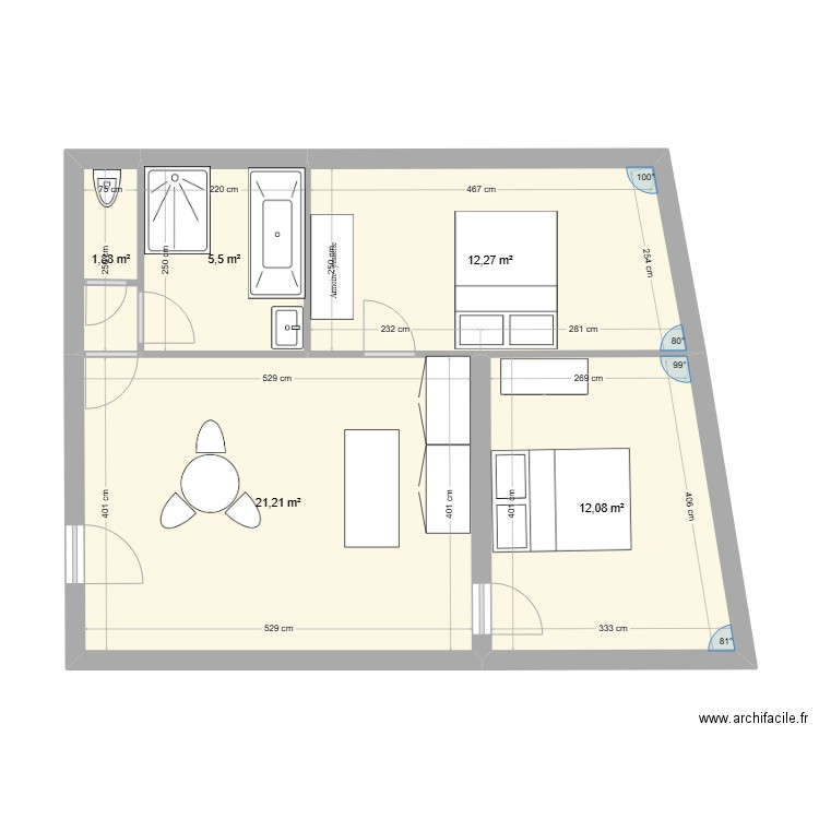 projet grigri . Plan de 5 pièces et 53 m2