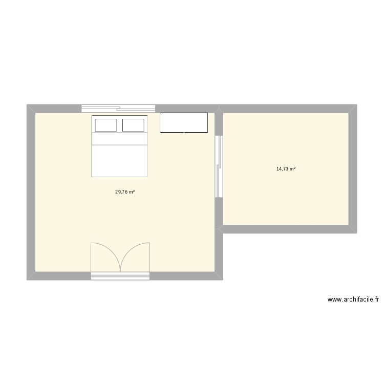 chambre. Plan de 2 pièces et 44 m2