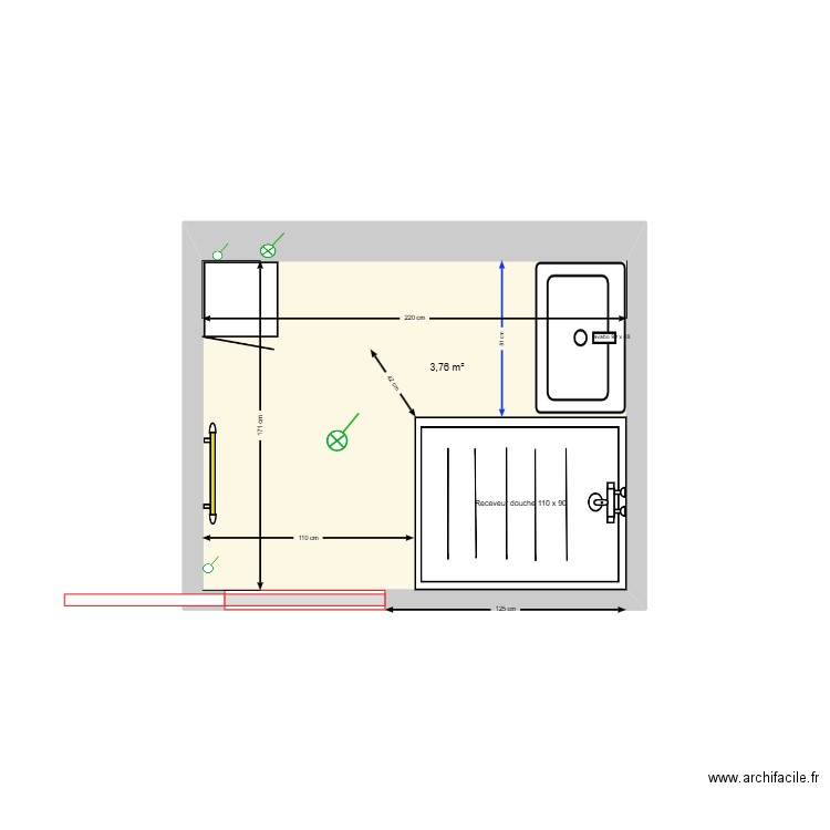 SDB Rossan_V 110x90 à droit_V2. Plan de 1 pièce et 4 m2