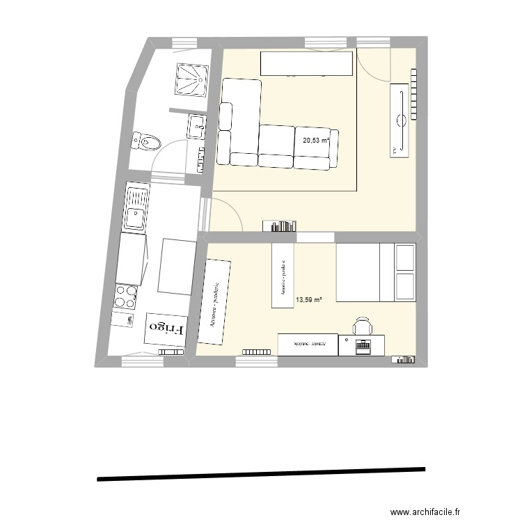 Voreppe V1. Plan de 2 pièces et 34 m2