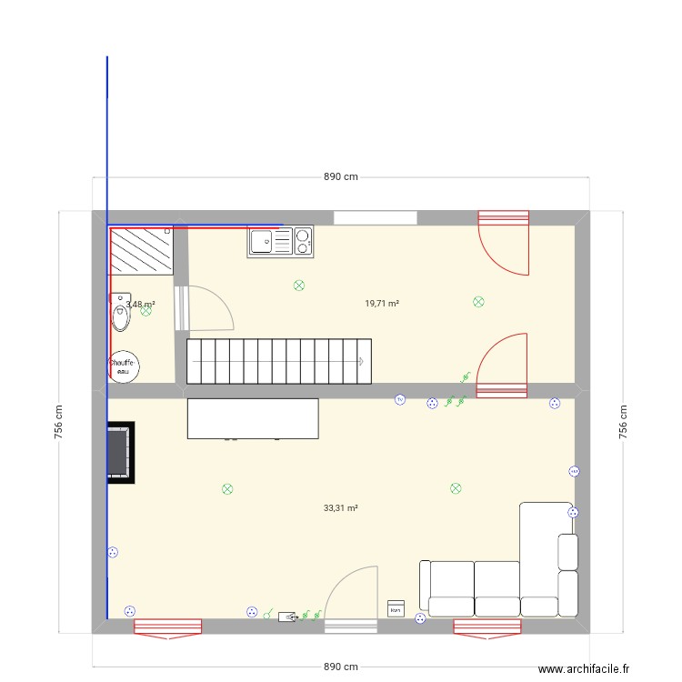 Maison . Plan de 3 pièces et 57 m2
