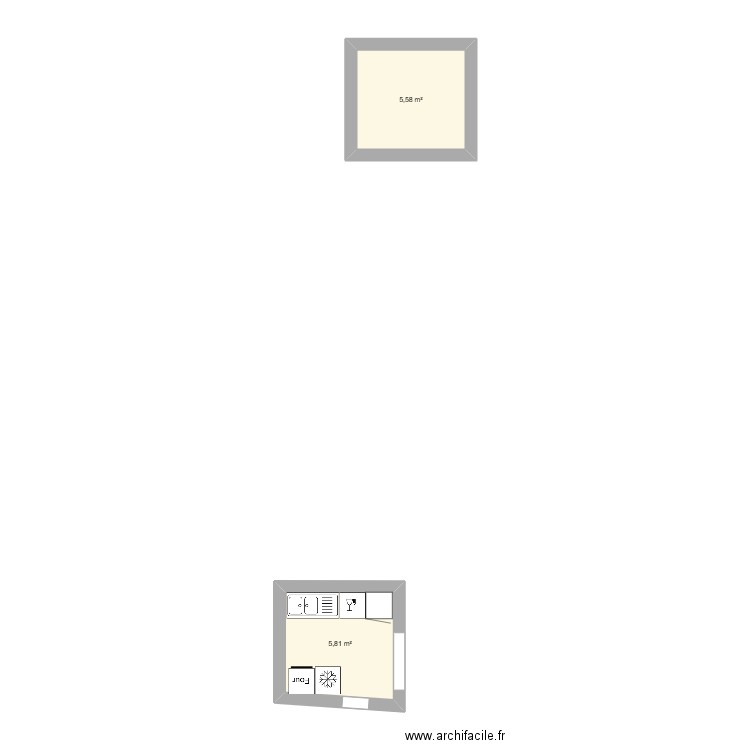 Cuisine boutique. Plan de 2 pièces et 11 m2