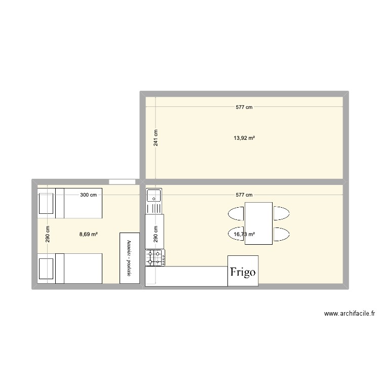 zone commune 2 chambre. Plan de 3 pièces et 39 m2