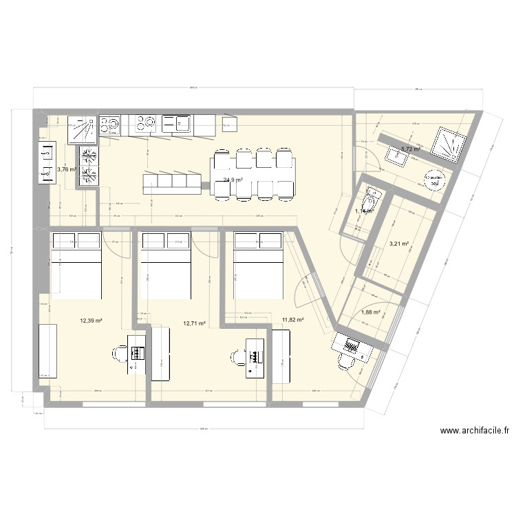 Moissons RDC avec cuisine + 2SDB. Plan de 9 pièces et 78 m2