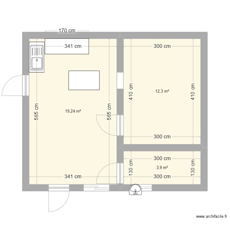 Trano Neny. Plan de 3 pièces et 35 m2