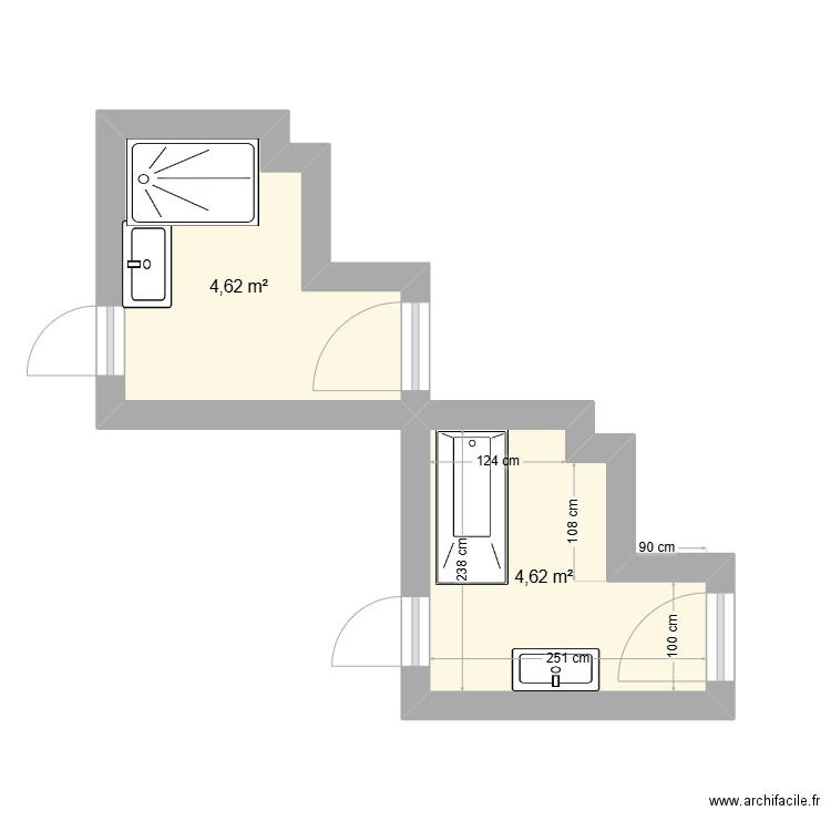 SdB . Plan de 2 pièces et 9 m2