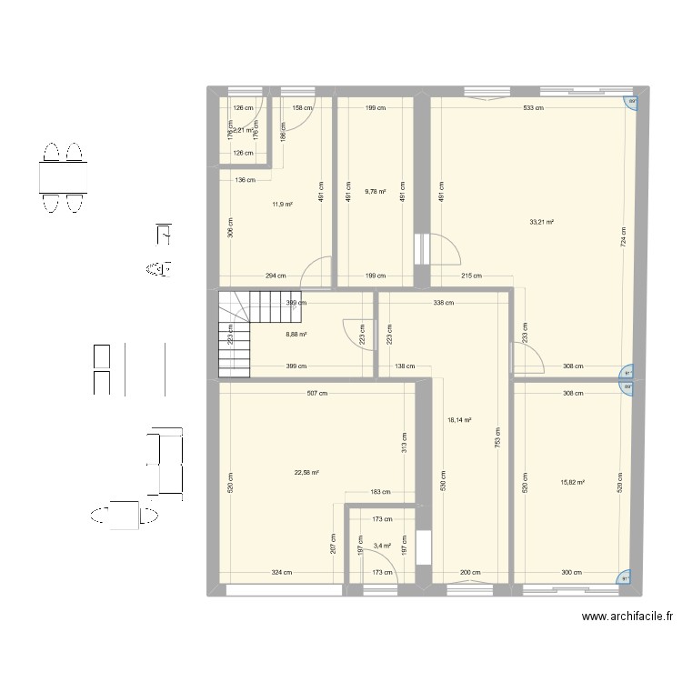 Bat-A-R+0 V1. Plan de 9 pièces et 126 m2