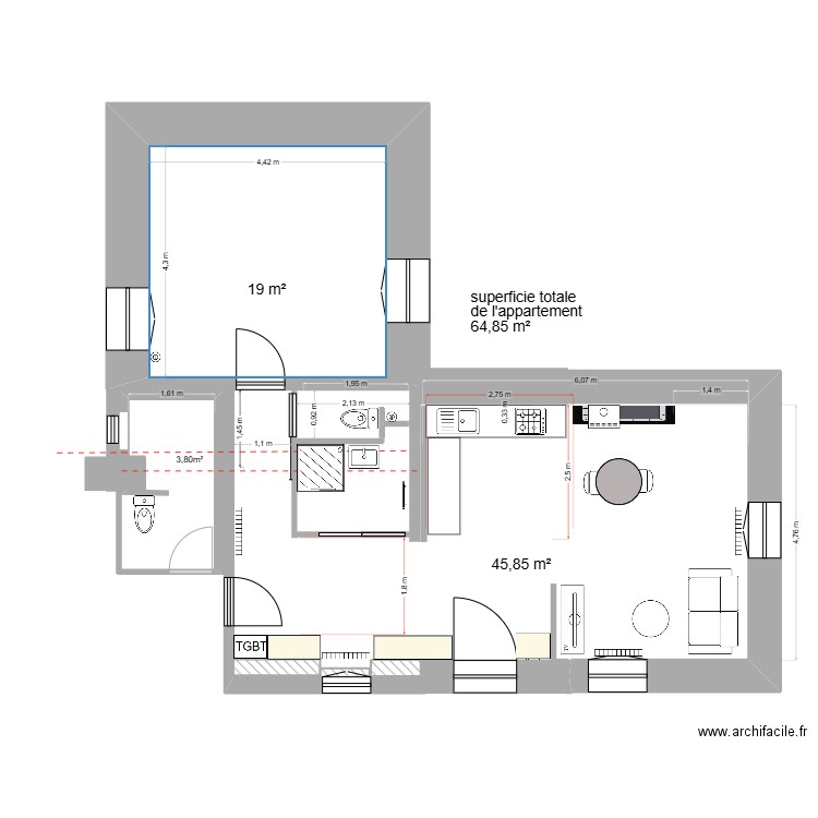 APS SDB WC & appartement. Plan de 1 pièce et 19 m2