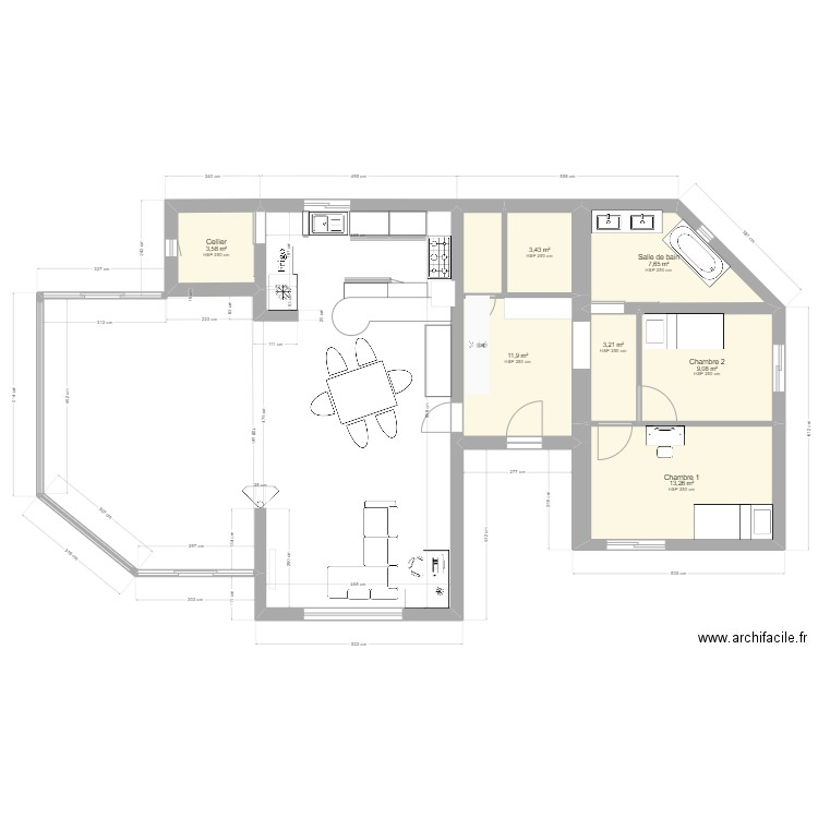 Peypin V6 + véranda. Plan de 7 pièces et 52 m2