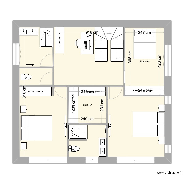 etage goupillées. Plan de 3 pièces et 91 m2