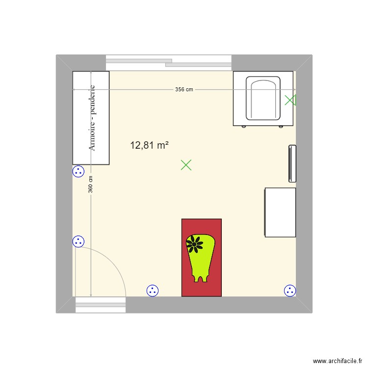 chambre. Plan de 1 pièce et 13 m2