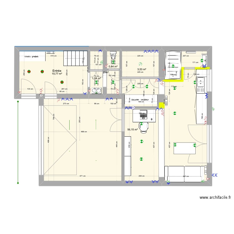 RDC (2e option). Plan de 6 pièces et 74 m2