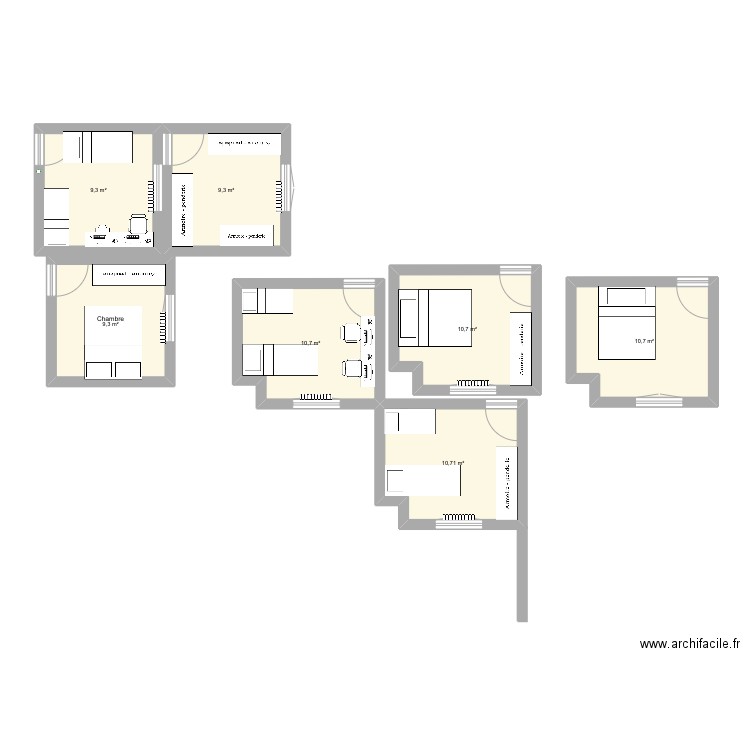 Aménagement étage. Plan de 7 pièces et 71 m2