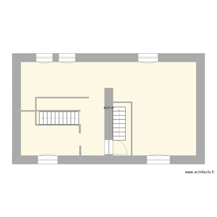 RDC. Plan de 1 pièce et 58 m2