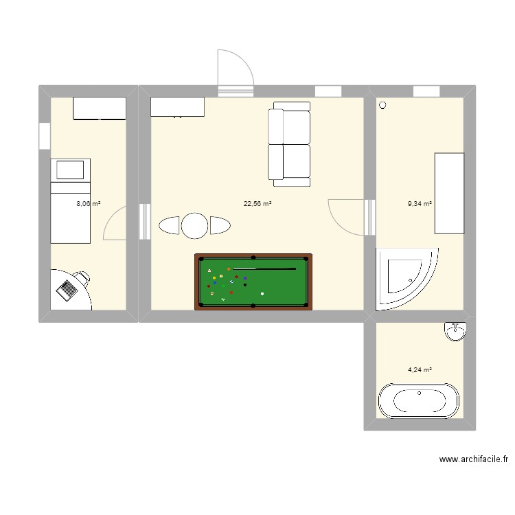 techno. Plan de 4 pièces et 44 m2