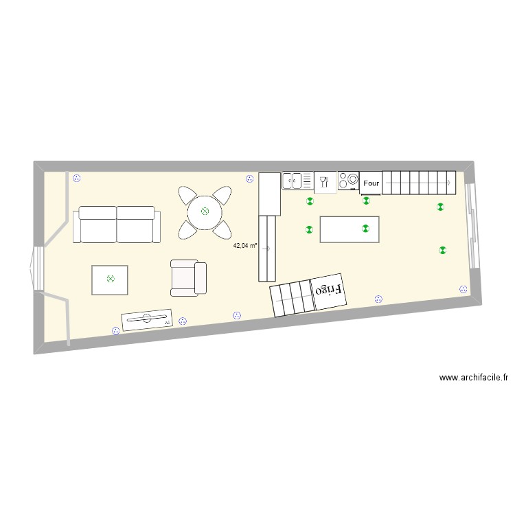 Cuisine salon. Plan de 1 pièce et 42 m2