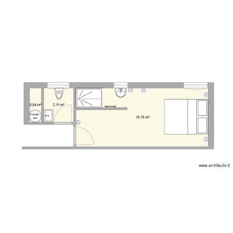 Chambre rdc. Plan de 3 pièces et 19 m2