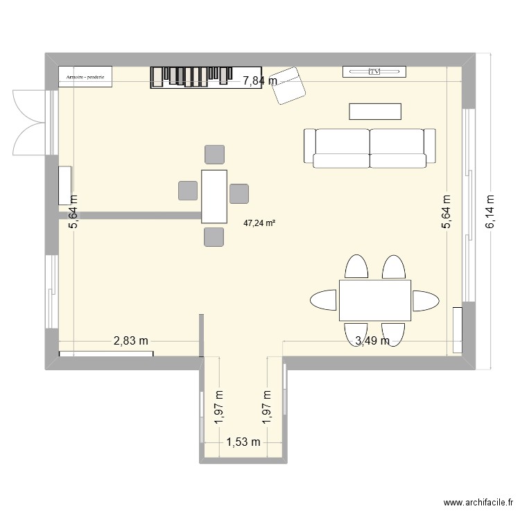 PIECE DE VIE CH. Plan de 1 pièce et 47 m2