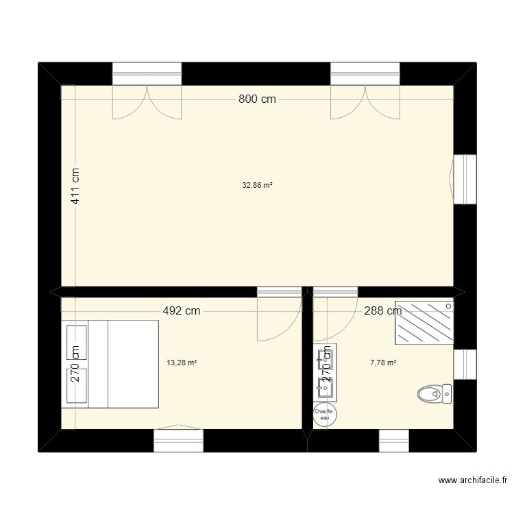 studio. Plan de 3 pièces et 54 m2