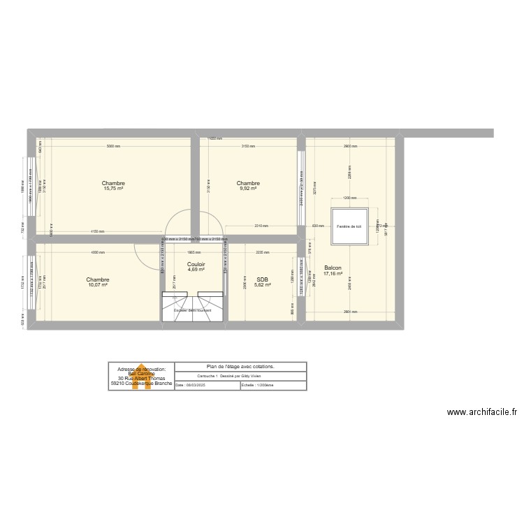 Plan de l'étage caroline avec cotations2. Plan de 6 pièces et 63 m2