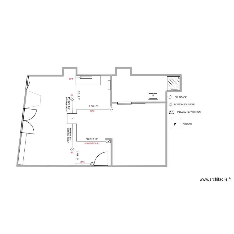 plans studio ECLAIRAGE SEJOUR. Plan de 2 pièces et 43 m2