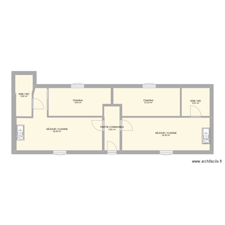 Divison 2 Appartement . Plan de 7 pièces et 67 m2