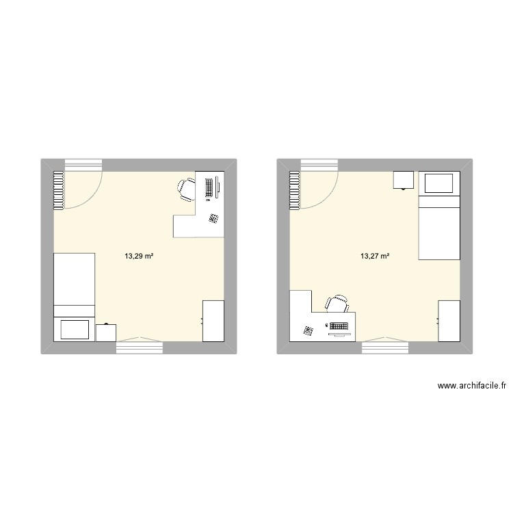 Chambre Céci. Plan de 2 pièces et 27 m2