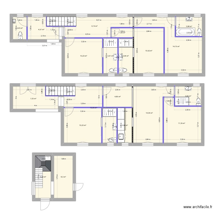 extention. Plan de 22 pièces et 144 m2