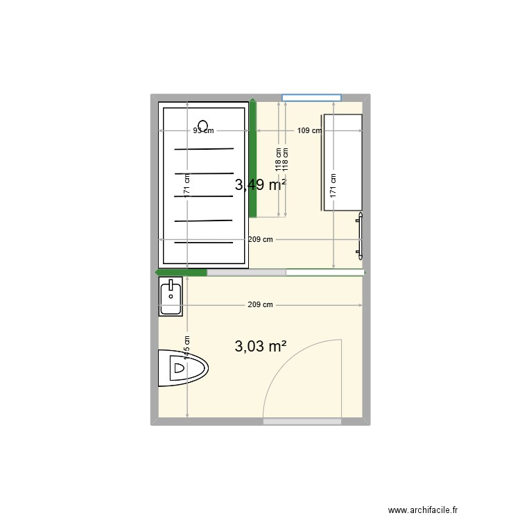 salle de bain BAS v2. Plan de 2 pièces et 7 m2