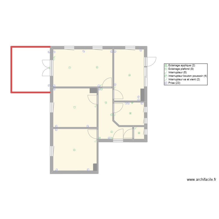 Electricité. Plan de 7 pièces et 71 m2