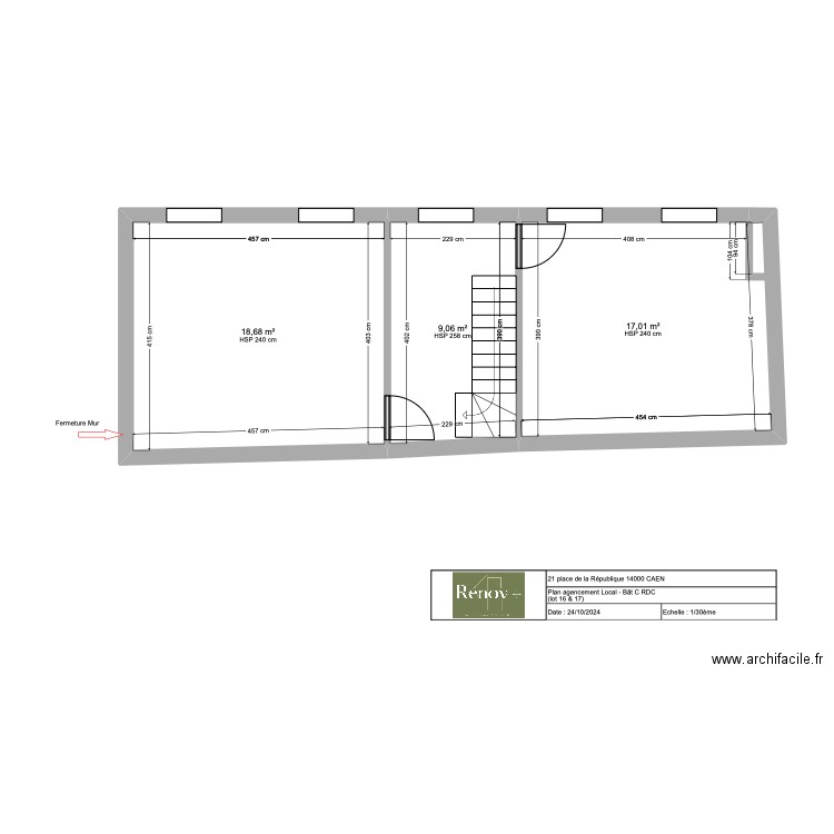 Local RDC Démolition. Plan de 3 pièces et 45 m2