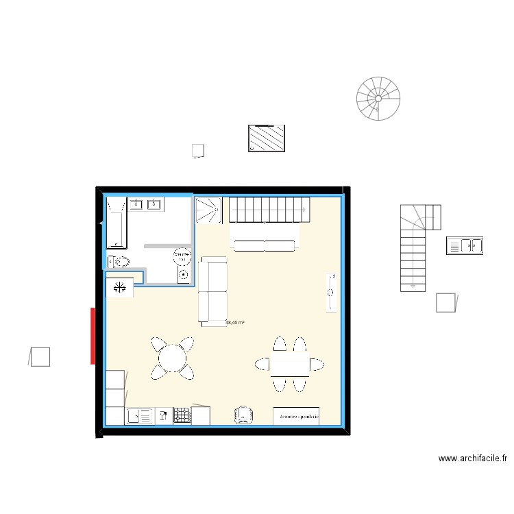 117v6yp. Plan de 1 pièce et 48 m2